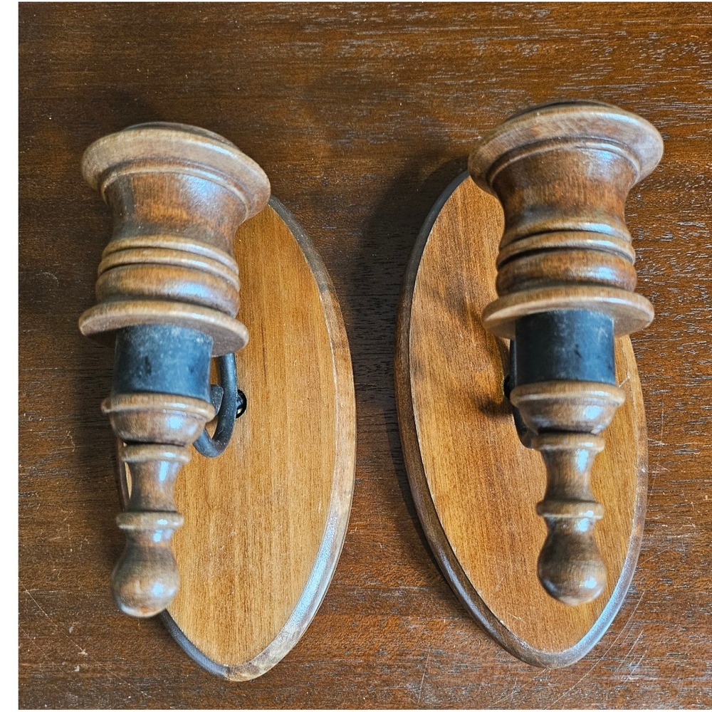 Vintage Wood Wall Sconce Set Brown Taper Candle Holder Pair Oval Backplate
